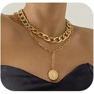 Women Gold Boho Cuban Chunky Necklace Layered Paperclip Chain with Coin Pendant